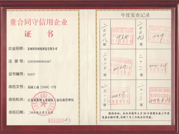 科佳重合同守信用企业证书